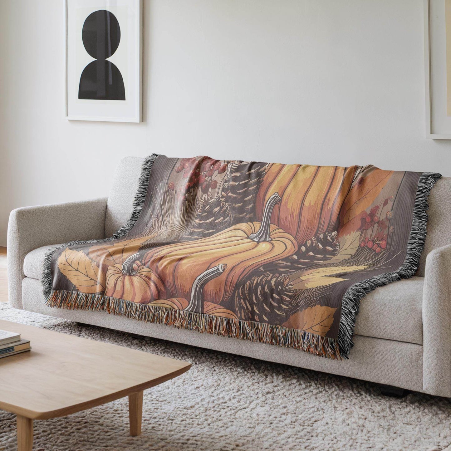 Living Room Woven Blanket, Pumpkin Fall Decor, Cute Couch Throw, Autumn Accent, Harvest Season Gift, Living-Room Decor, Gift for Nana MeeMaw - timelessbohochic.com