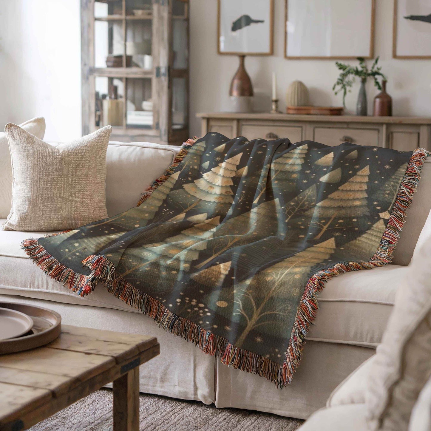 Woven Christmas Blanket - Cotton Holiday Throw With Festive Forest Design & Fringed Edges - timelessbohochic.com