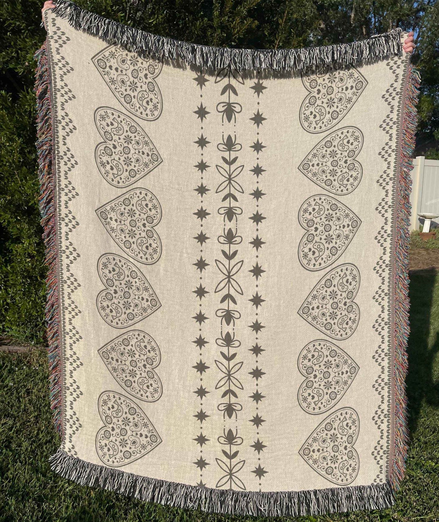 Nordic Cotton Throw Blanket - Woven Cotton Scandinavian Throw with Black Heart Design - timelessbohochic.com