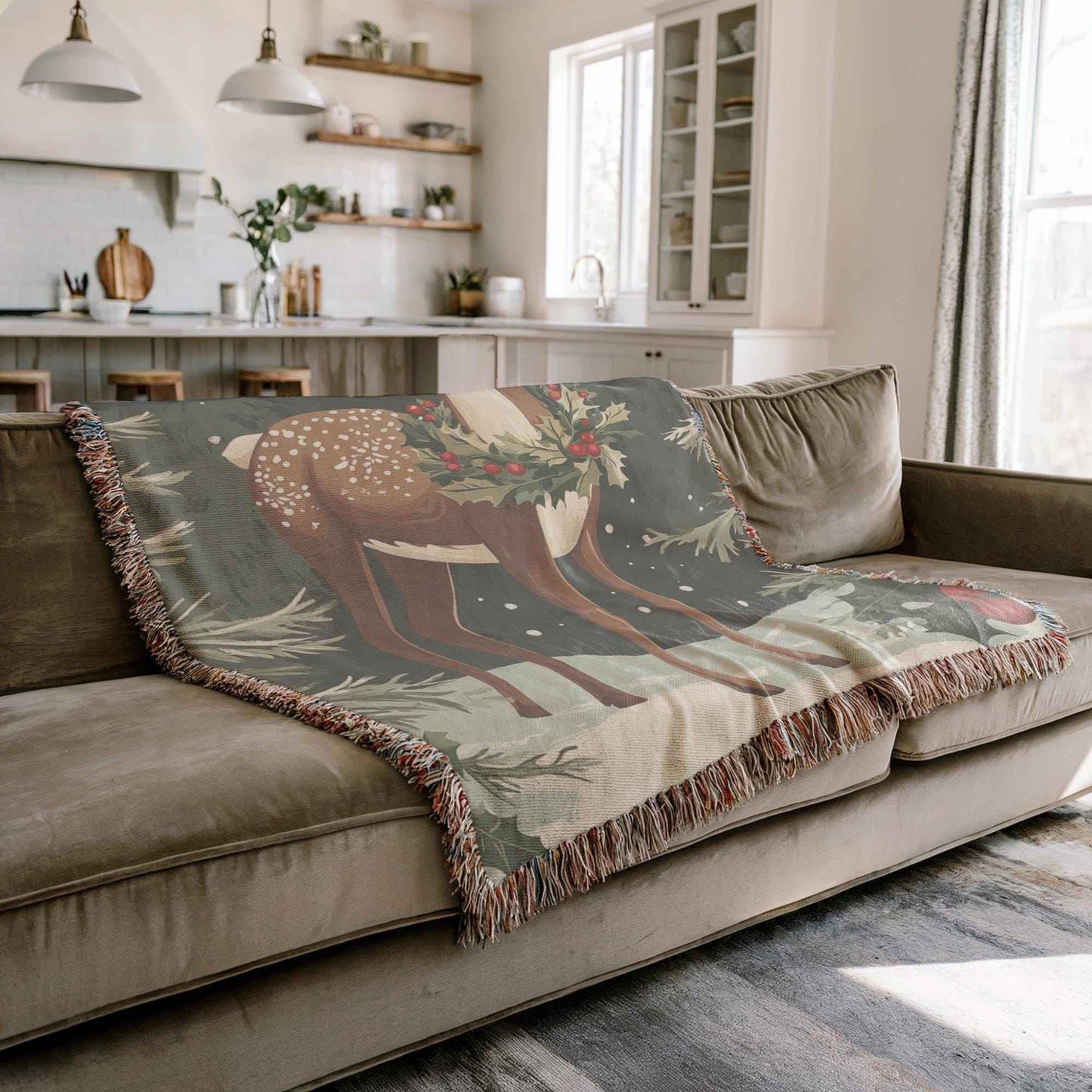 Christmas Woven Blanket – Cozy Cotton Throw With Festive Reindeer & Woodland Creatures - timelessbohochic.com