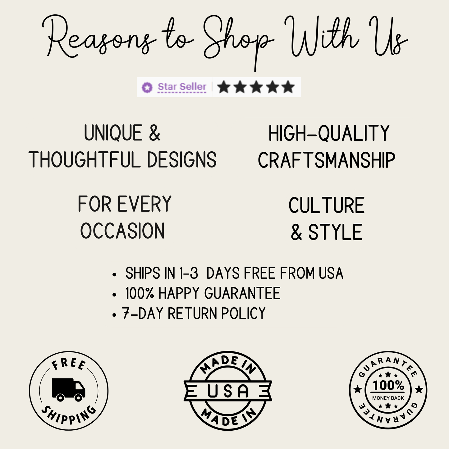 The image is a collection of text and logos related to shopping with a focus on unique and thoughtful designs, high-quality craftsmanship, and a 7-day return policy.
