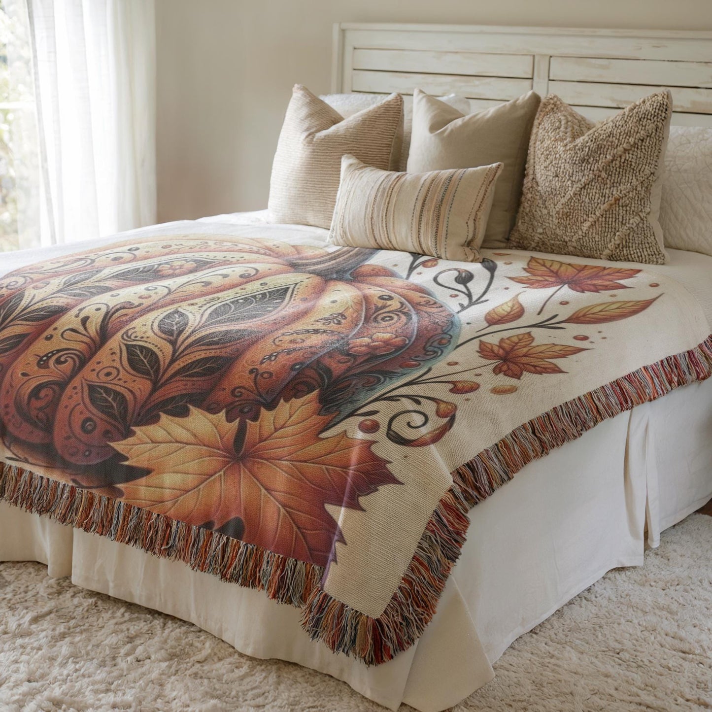 Thanksgiving Pumpkin Blanket - Cozy Cotton Woven Throw With Fringed Edges