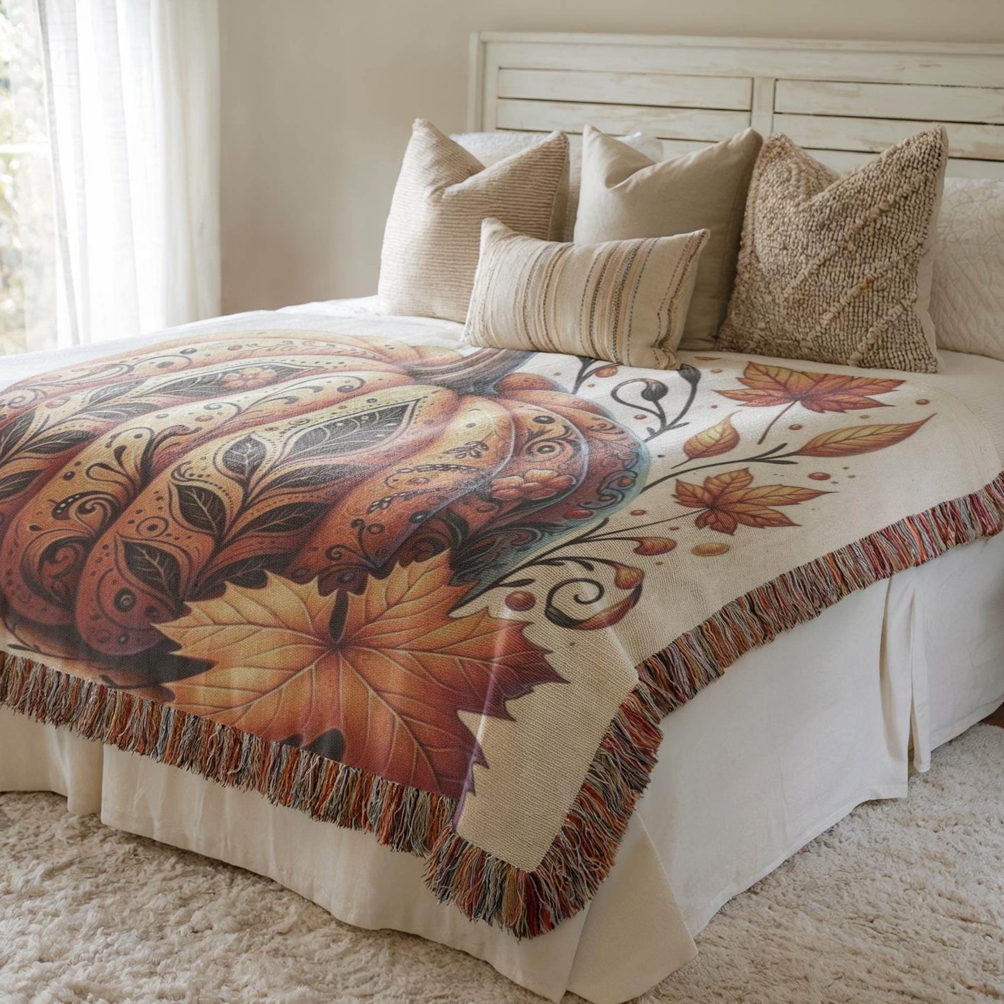 Thanksgiving Pumpkin Cotton Woven Blanket - Cozy Throw with Fringed Edges - timelessbohochic.com