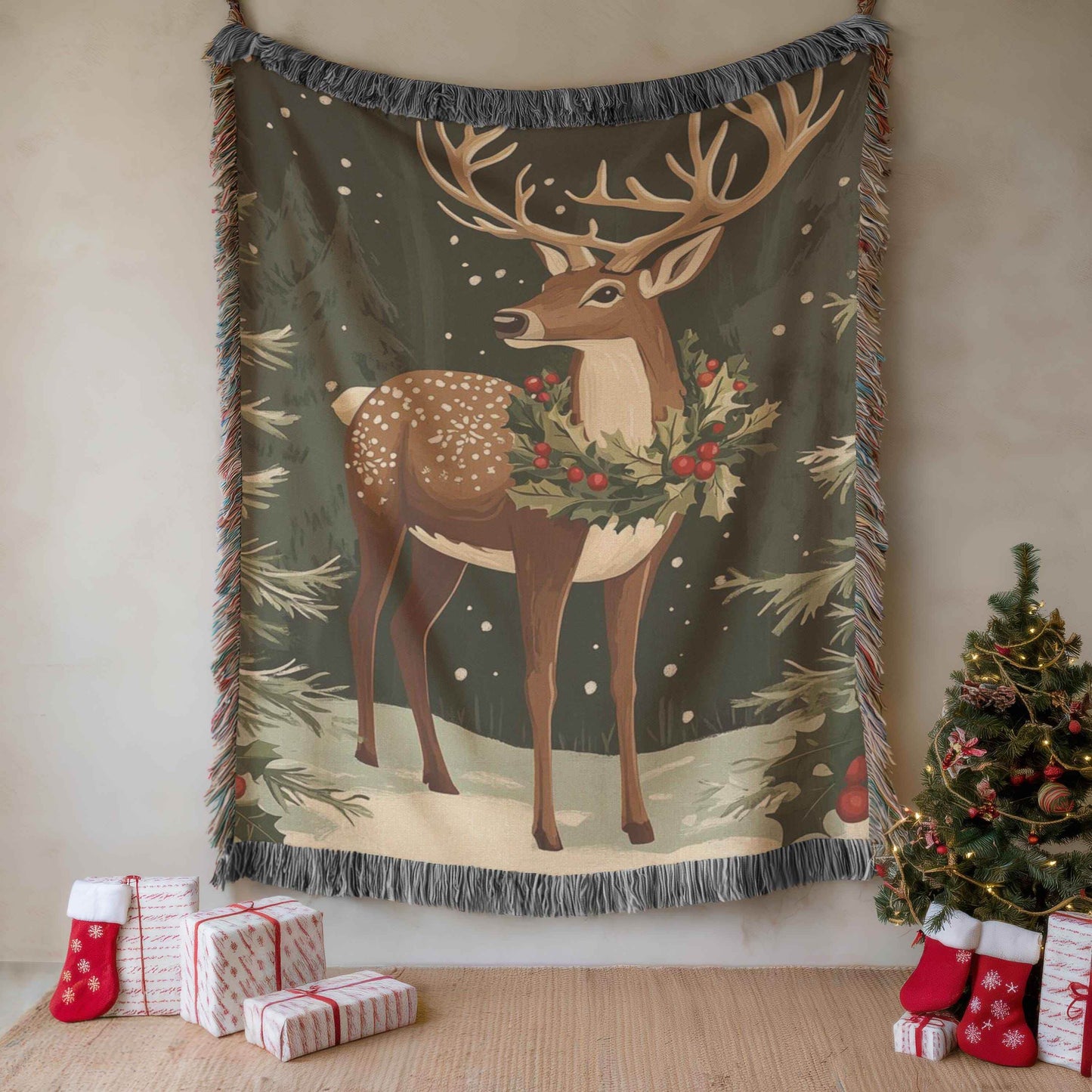 Reindeer Wall Hanging - Large Forest Animal Tapestry | Cozy Cotton Holiday Decor - timelessbohochic.com