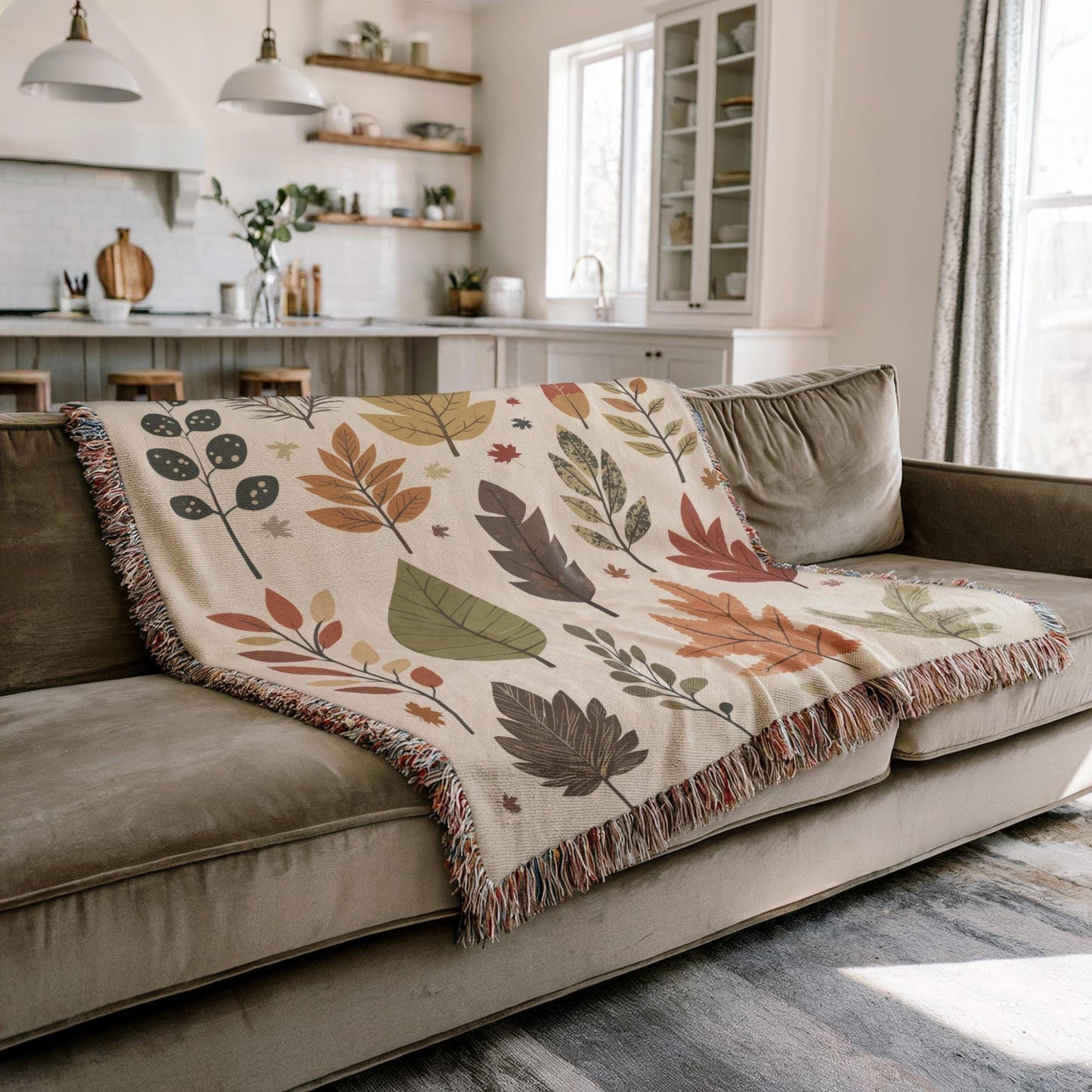 Fall Cotton Blanket – Autumn Leaves Throw With Colorful Fringed Edges, Cozy Fall Blanket