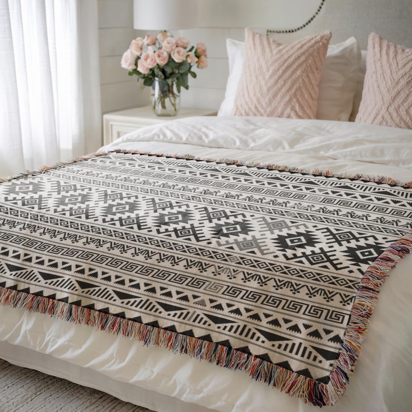 a cozy bedroom with a bed, a nightstand, and a vase of pink roses. The bed has a patterned blanket and a white comforter, and the nightstand has a lamp and a vase of flowers.