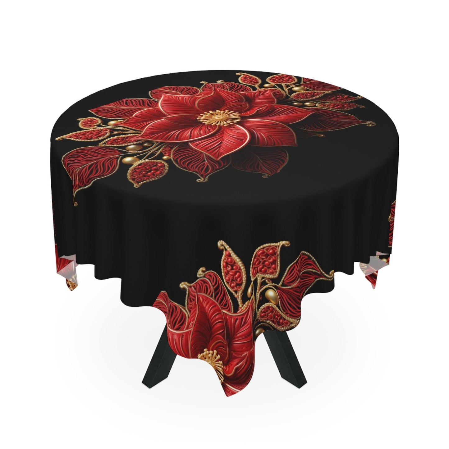 Poinsettia Tablecloth – Elegant Red and Gold Christmas Table Cover | Luxury Holiday Decor