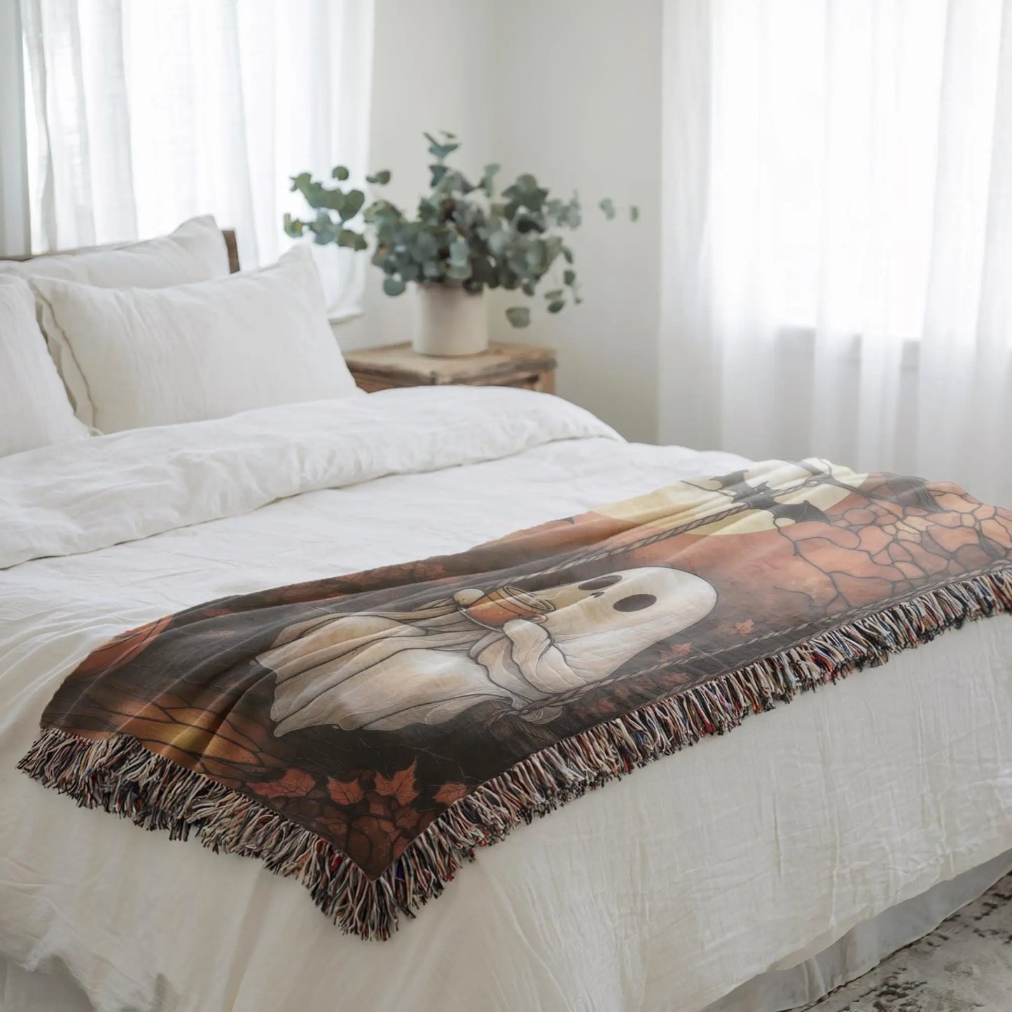 Woven Ghost Blanket – Cozy Throw Blanket with Pumpkin Moon Design | Spooky Home Decor