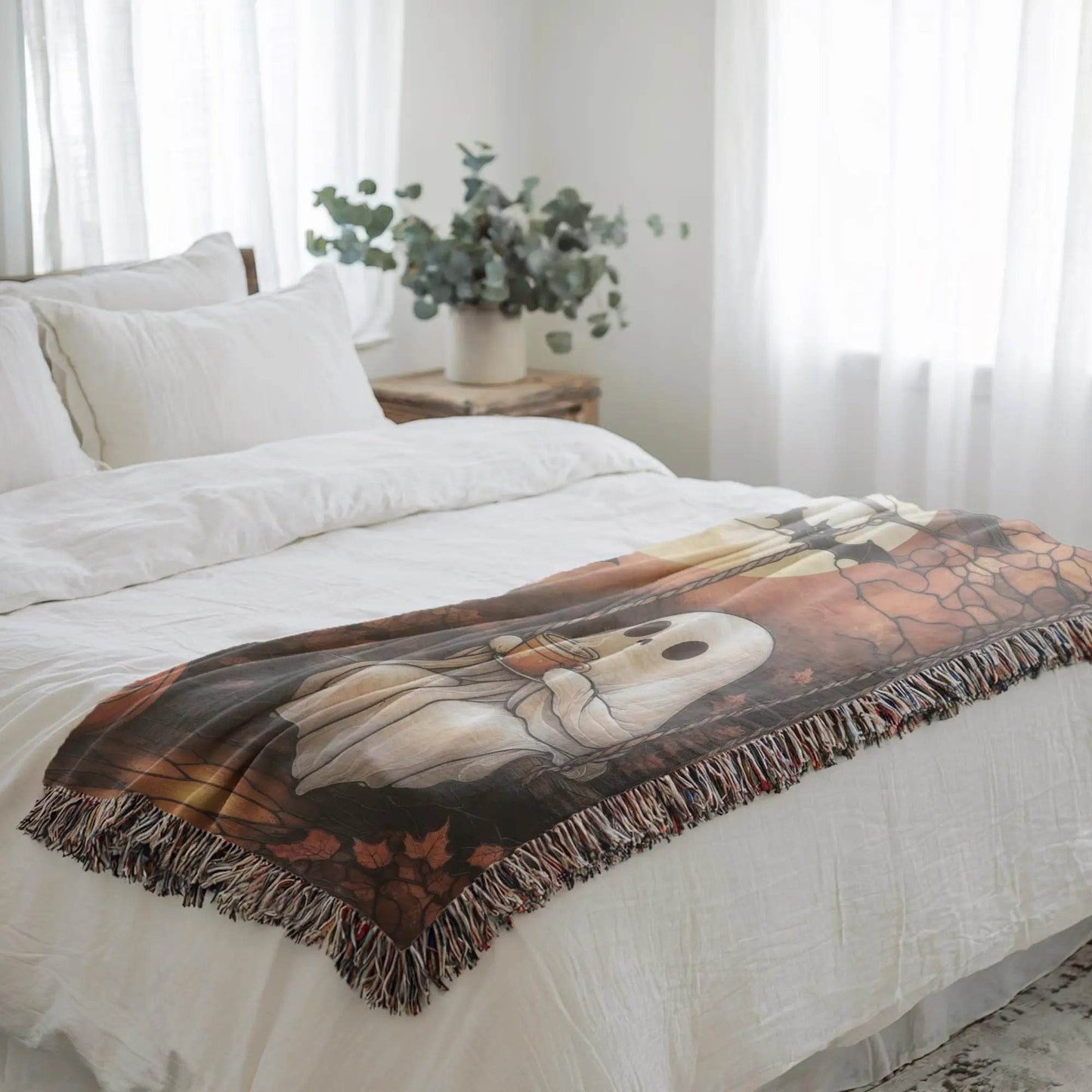 Woven Ghost Blanket – Cozy Throw Blanket with Pumpkin Moon Design | Spooky Home Decor - timelessbohochic.com
