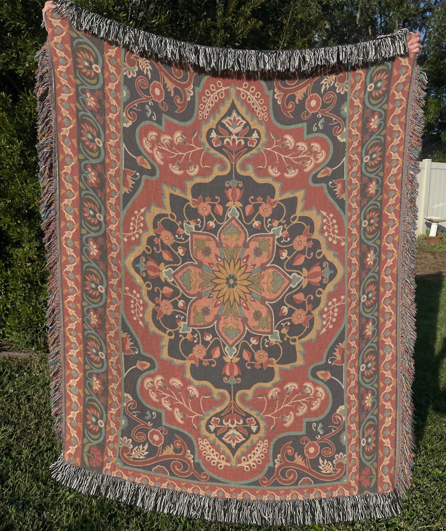 Cotton Throw Blanket – Persian Design Blanket With Oriental Pattern & Fringe Edge