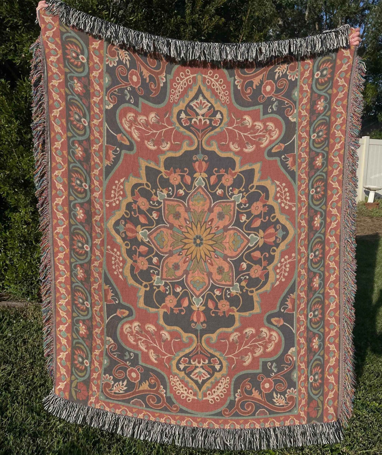 Cotton Throw Blanket – Persian Design Blanket With Oriental Pattern & Fringe Edge - timelessbohochic.com