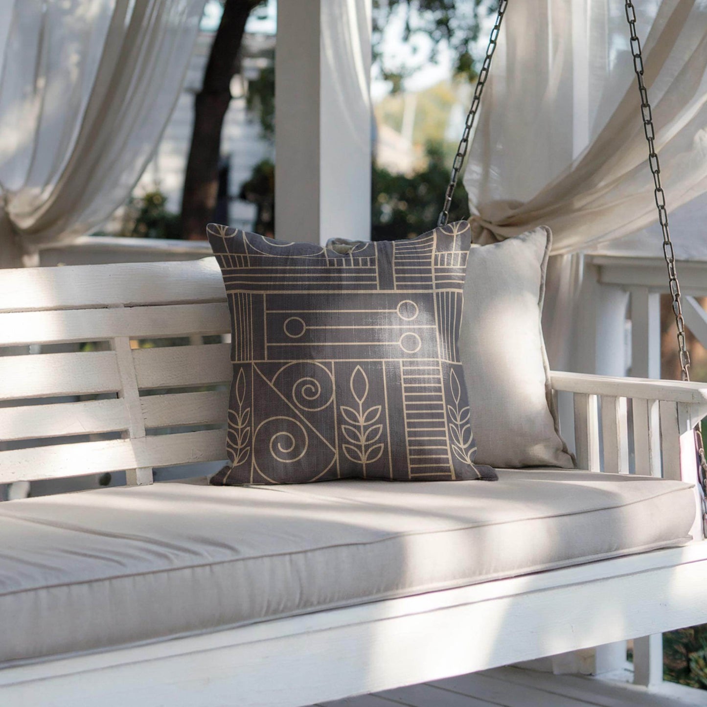 Woven Cushion Cover - Dark Blue Beige Geometric Pillow with Golden Accent - timelessbohochic.com