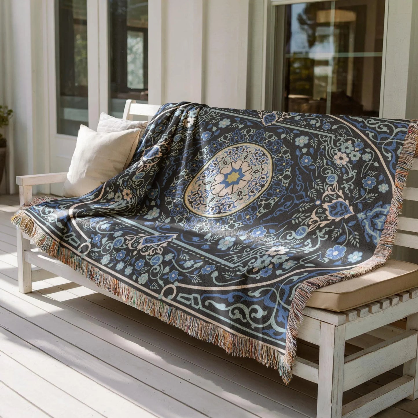 Turkish Rug Throw Blanket - Cotton Boho Home Decor With Colorful Fringed Edges