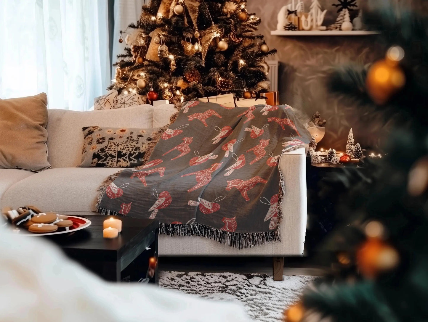 Scandi Cotton Blanket - Cozy Scandinavian Throw with Dala Horse & Bird Pattern, Fringe Edge