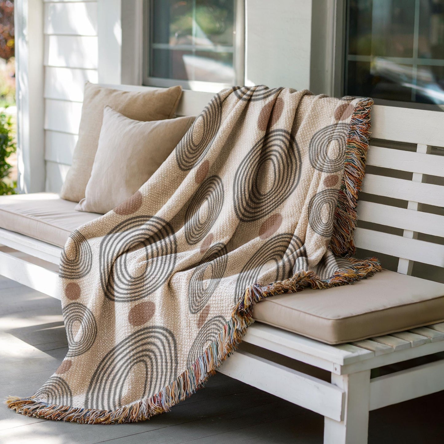 Modern Woven Blanket – Black Ovals Rust Dots | Mid Century Tapestry Throw