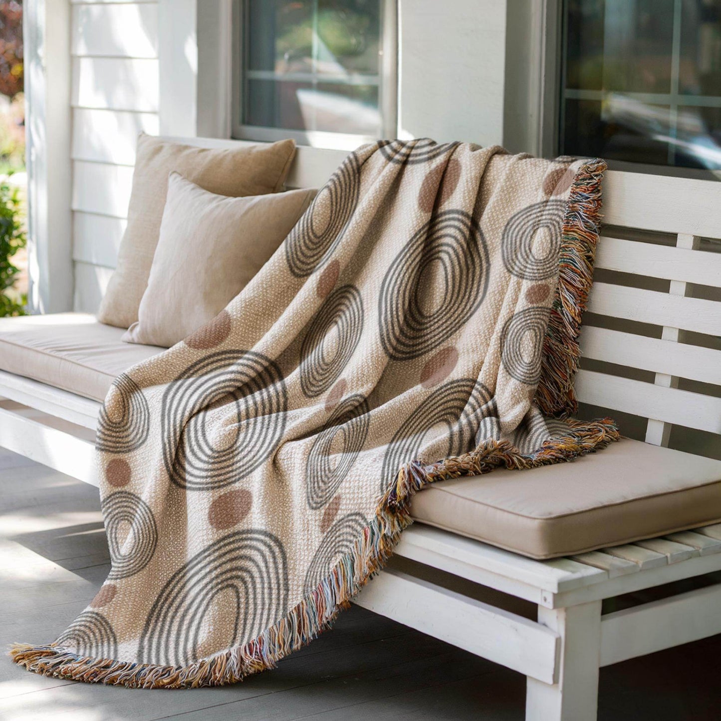 Modern Woven Blanket – Black Ovals Rust Dots | Mid Century Tapestry Throw - timelessbohochic.com