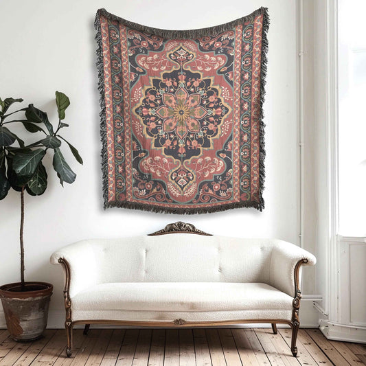 Caucasian Rug Inspired woven blanket with geometric pattern styled for layered home decor