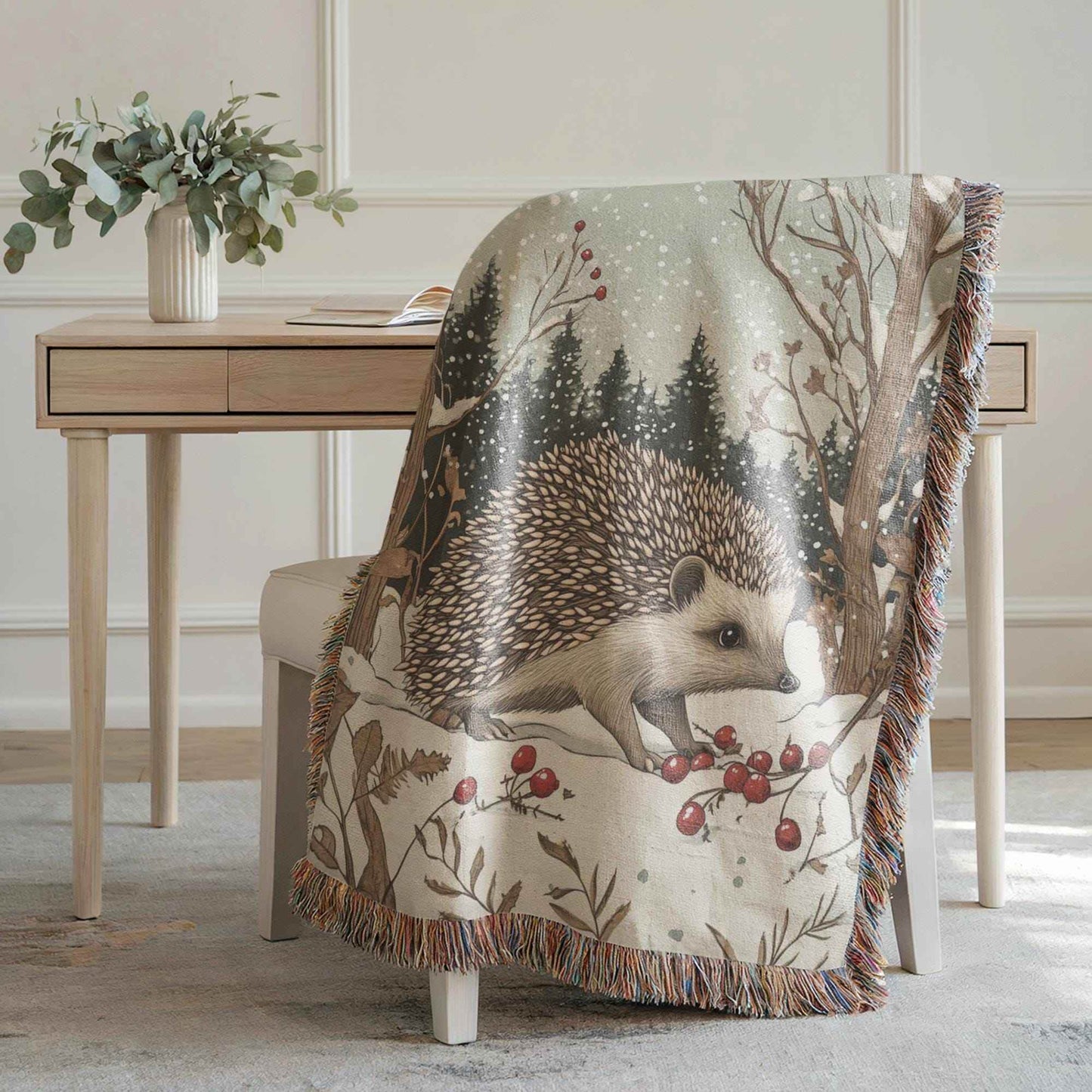 Hedgehog Wall Decor - Cozy Cotton Blanket With Woodland Creature Tapestry - timelessbohochic.com
