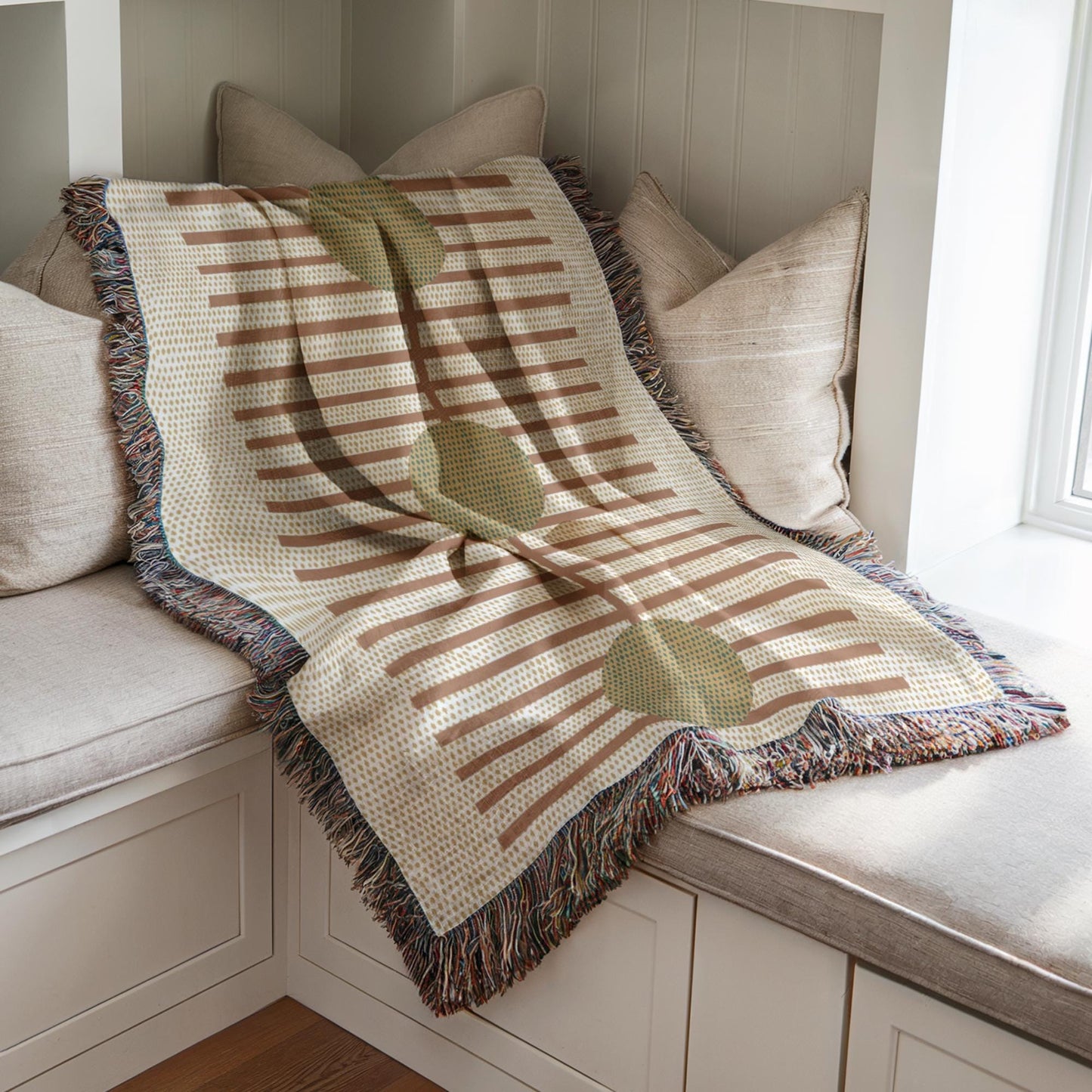 Woven Cotton Blanket - Cozy Rustic Stripe Throw With Green Dots Pattern