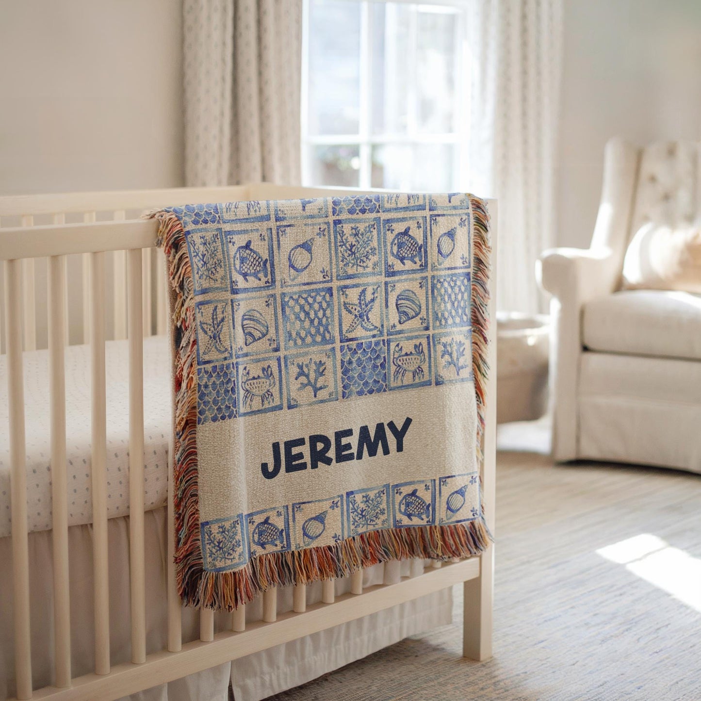 Woven Baby Blanket – Personalized Ocean Theme Patchwork Baby Shower Gift