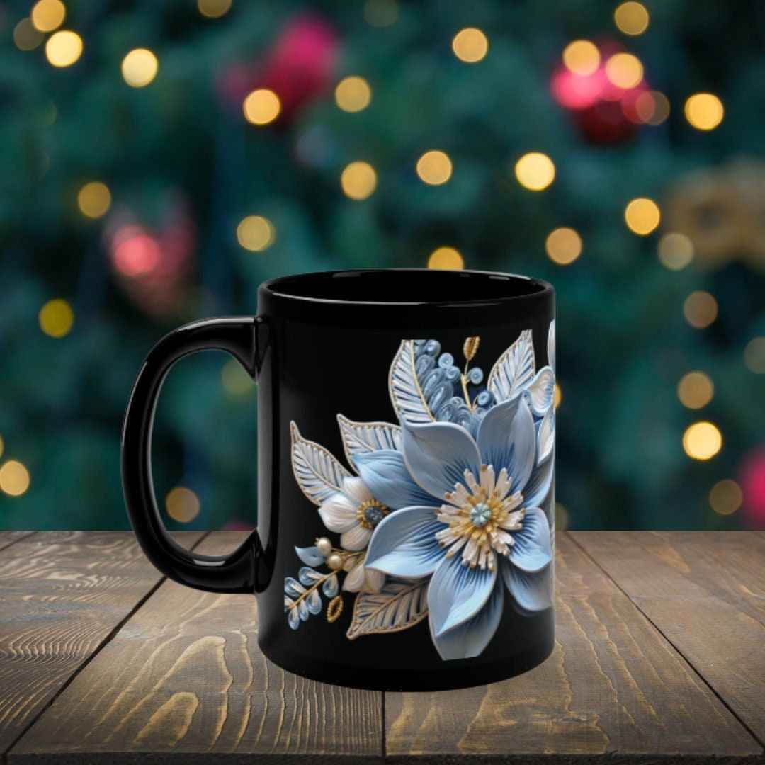 Christmas Ceramic Mug – Pale Blue Poinsettia Design | 11oz Durable Microwave Safe Cup - timelessbohochic.com