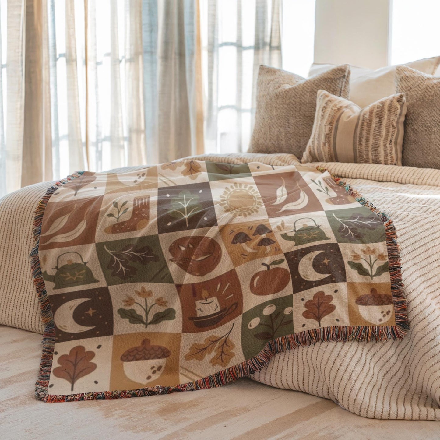 Fall Woven Blanket - Cozy Patchwork Throw with Colorful Fringed Edges, Autumn Bedding Quilt