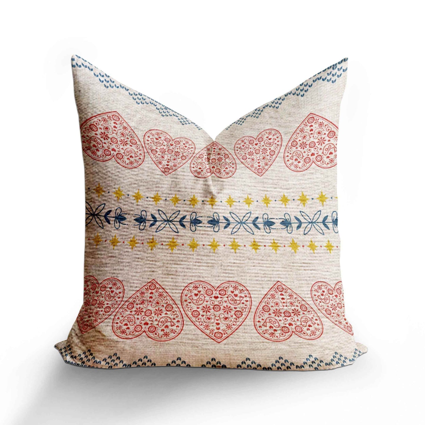 Scandi Woven Pillow - Red Hearts & Yellow Stars | Cozy Nordic Cushion Cover - timelessbohochic.com