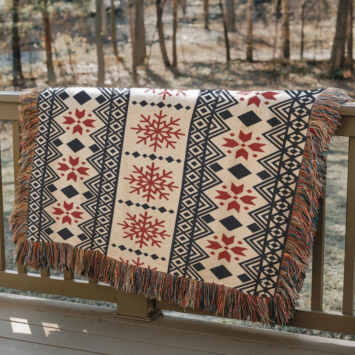 Nordic Snowflake Blanket - Cotton Woven Throw With Red Black Pattern | Cozy Winter Decor