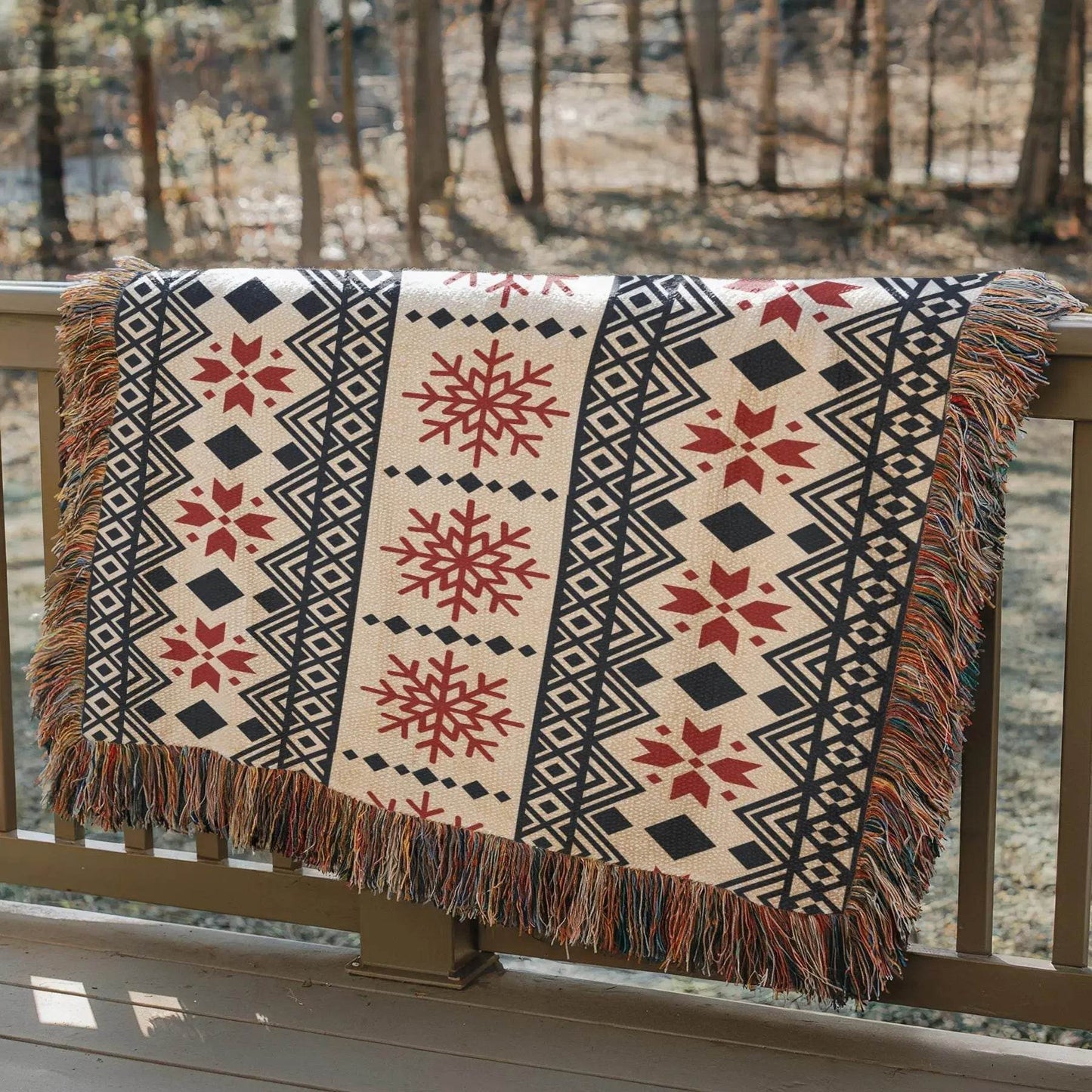 Nordic Snowflake Blanket - Cotton Woven Throw With Red Black Pattern | Cozy Winter Decor - timelessbohochic.com