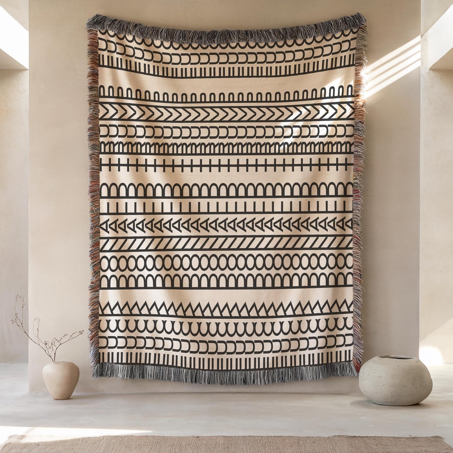Woven Statement Blanket – Modern Throw Cotton Artisan Decorative Throw with Colorful Fringed Edges