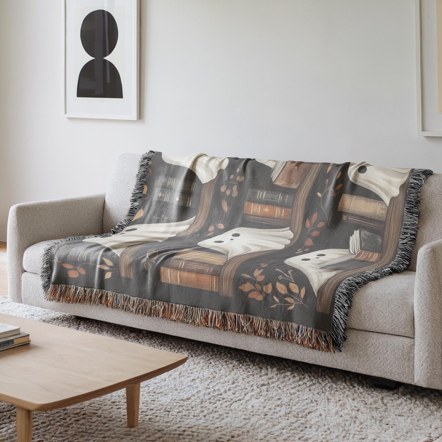 Halloween Blanket | Spooky Sofa Throw With Ghost Bookshelf Decor & Colorful Fringed Edges