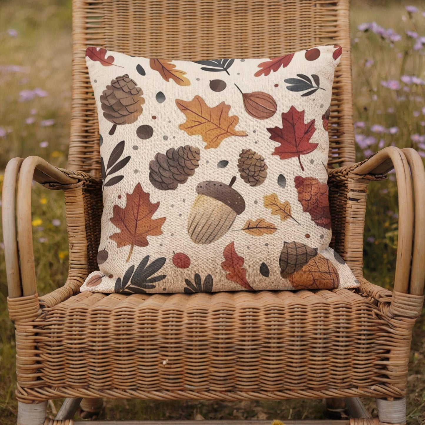 Woven Fall Pillow – Autumn Throw Pillow With Acorn Pine Cone Design