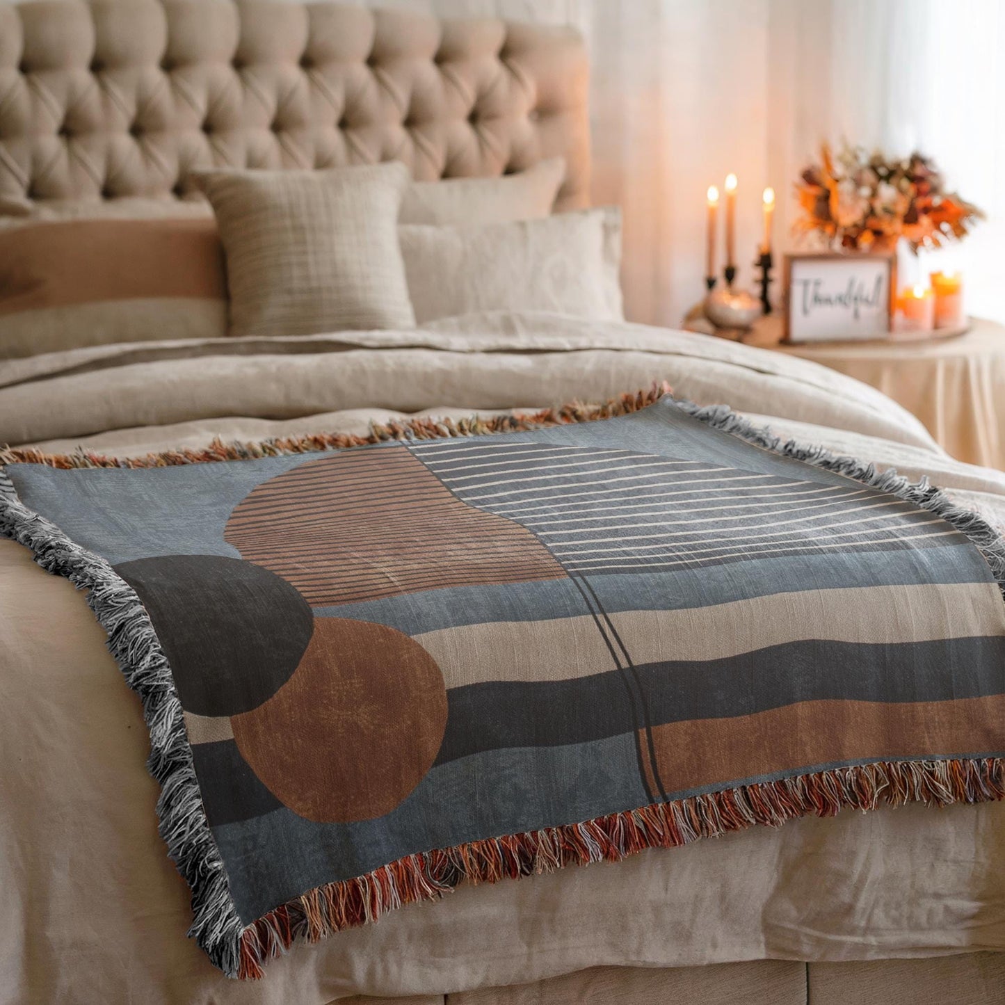 Woven Cotton Blanket - Modern MCM Blue Rust Brown Throw with Colorful Fringed Edges