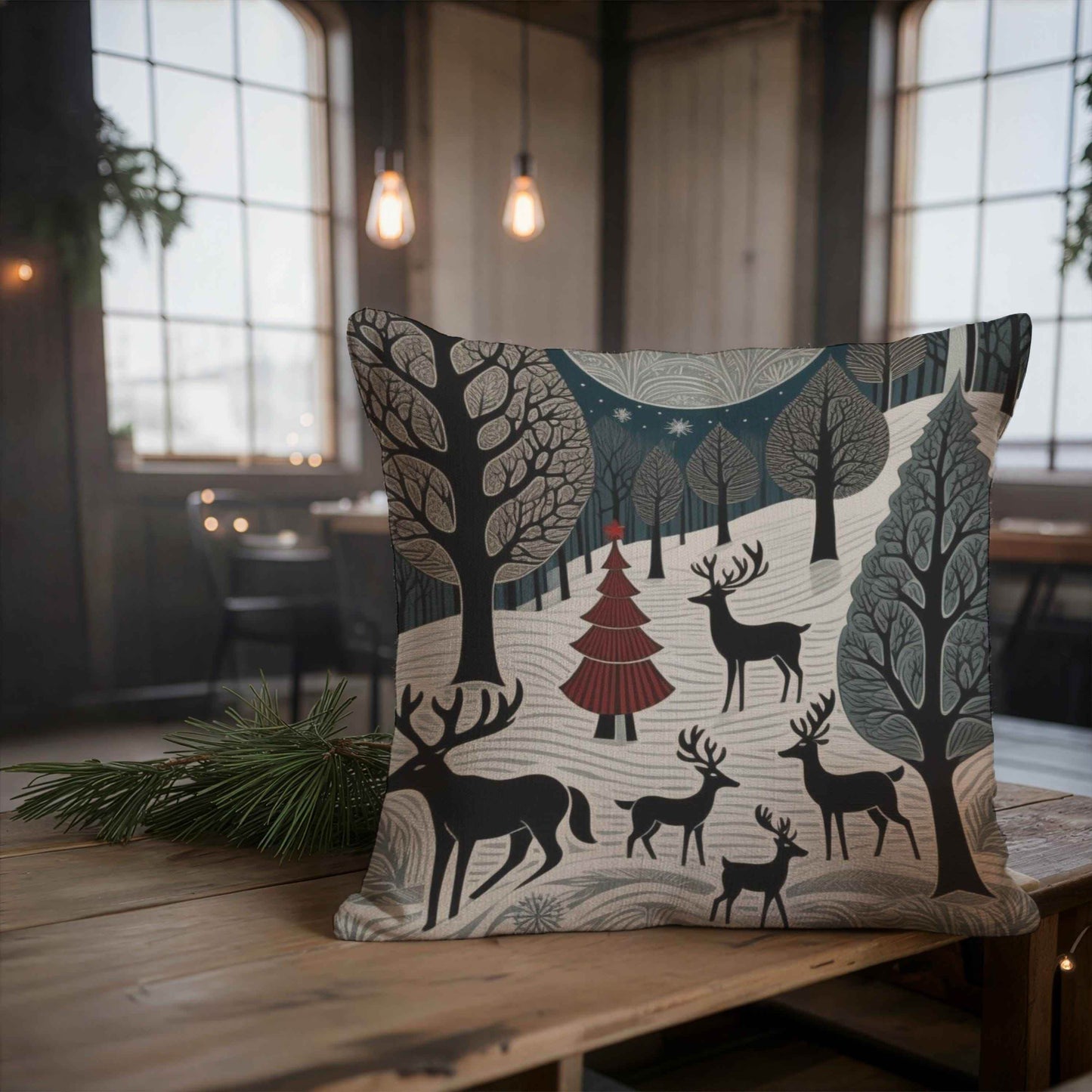Winter Deer Pillow - Woven Decorative Cushion With Deer Herd Design, Cozy Cabin Accent - timelessbohochic.com