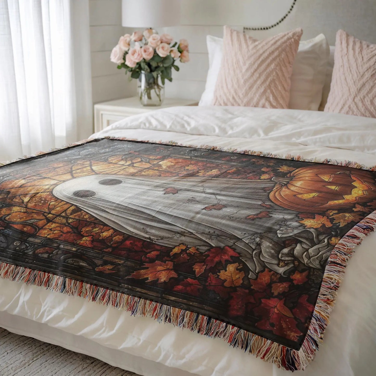 Halloween Blanket Throw – Ghost Pumpkin Design | Cozy Cotton Woven Blanket