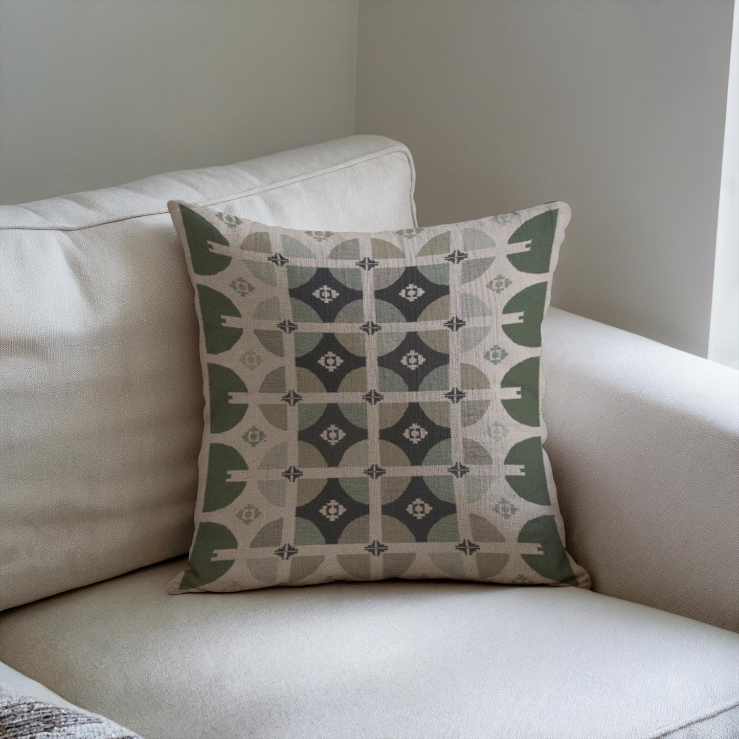 Modern Woven Pillow | Square Throw Pillow With Green Beige Design - Stylish Home Decor
