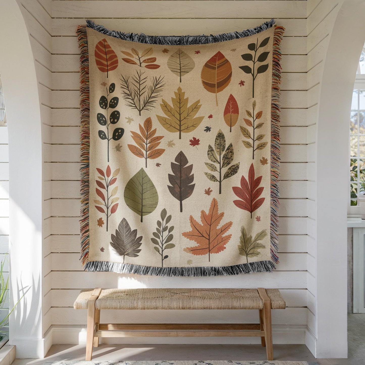 Fall Cotton Blanket – Autumn Leaves Throw With Colorful Fringed Edges, Cozy Fall Blanket