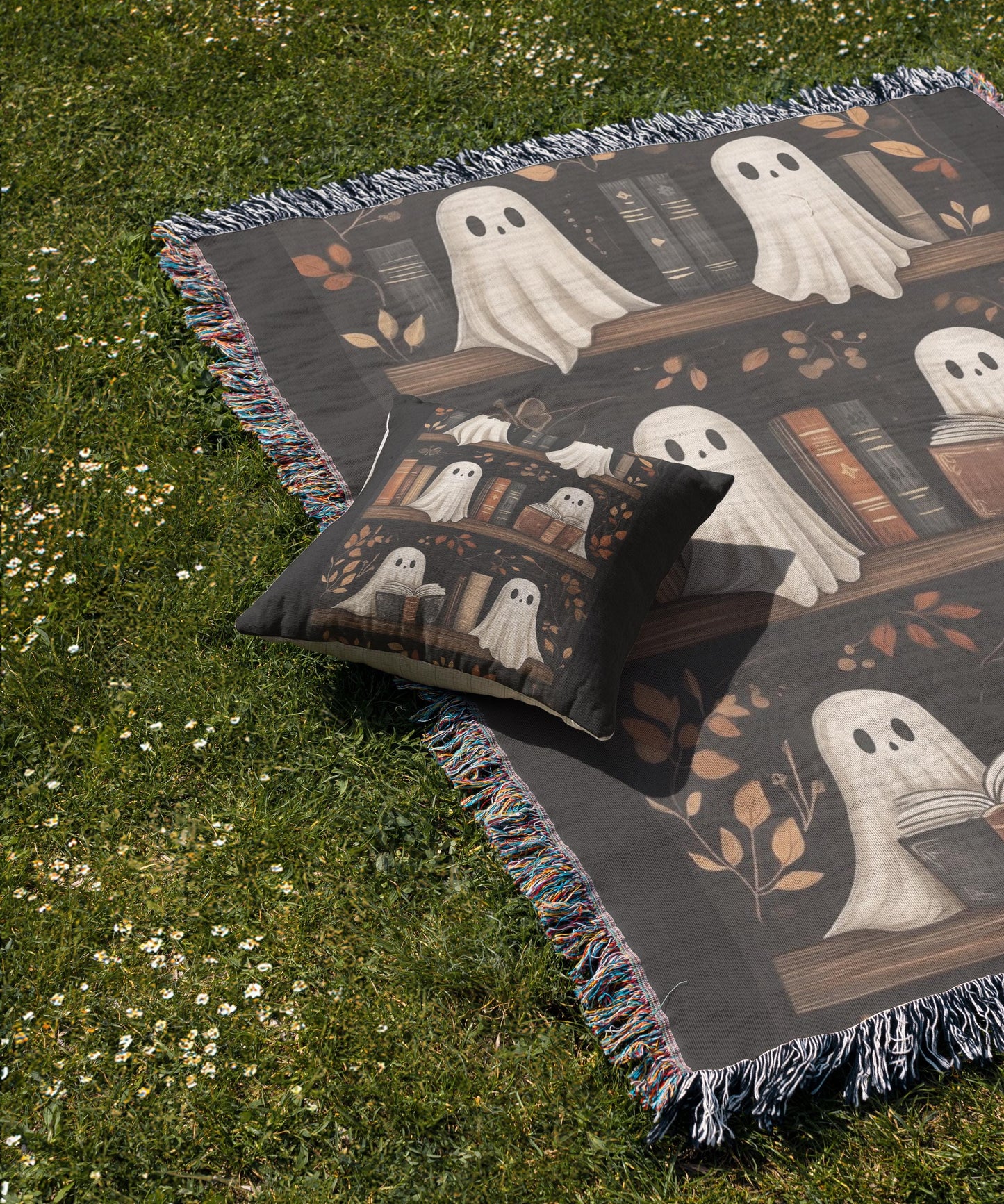 Ghost Blanket Woven Throw – Cozy Cotton Halloween Bedding with Colorful Fringed Edges