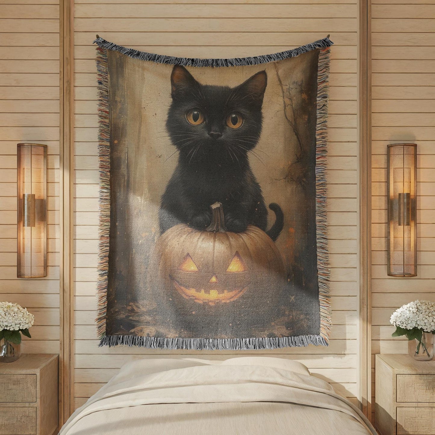 Halloween Cat Blanket – Cozy Woven Throw With Black Cat Pumpkin Design