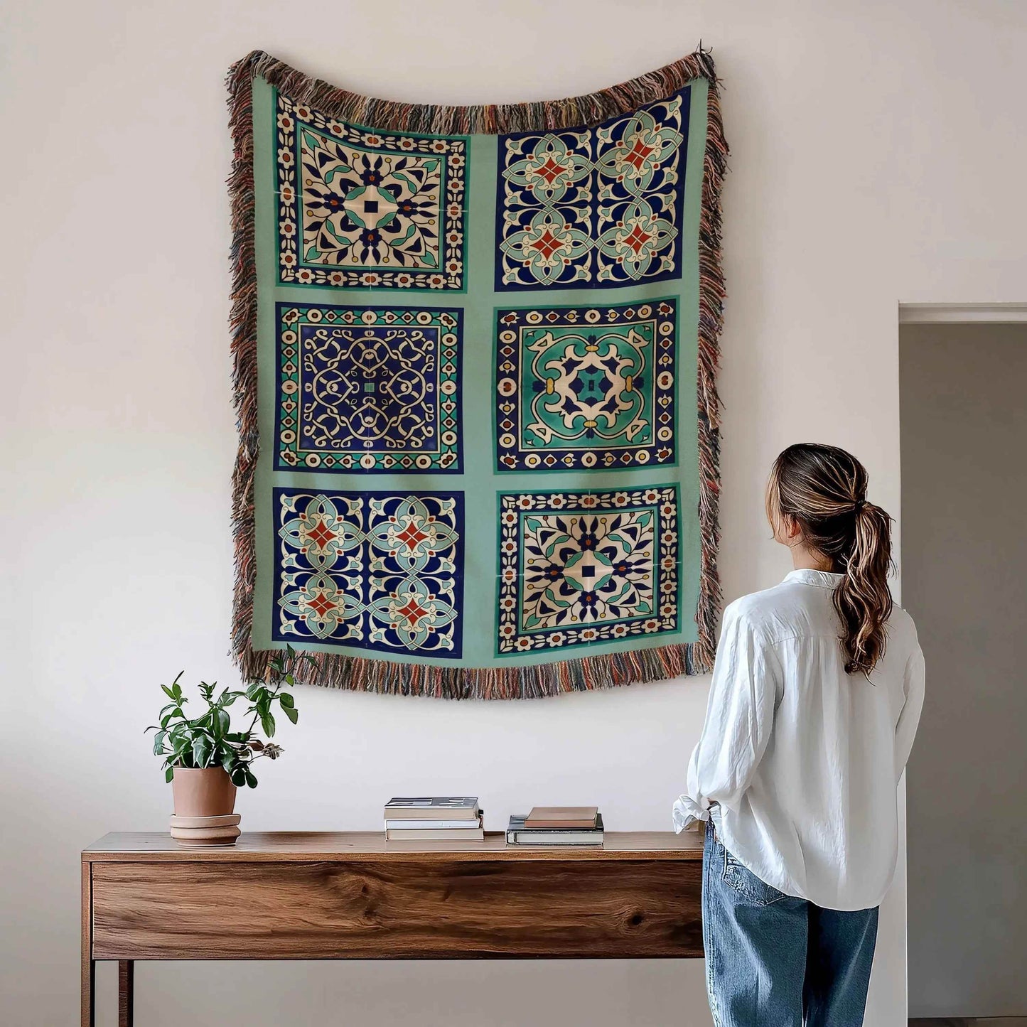 Cotton Throw Blanket - Persian Tile Tapestry for Boho Bedroom Accents & Cozy Couch - timelessbohochic.com