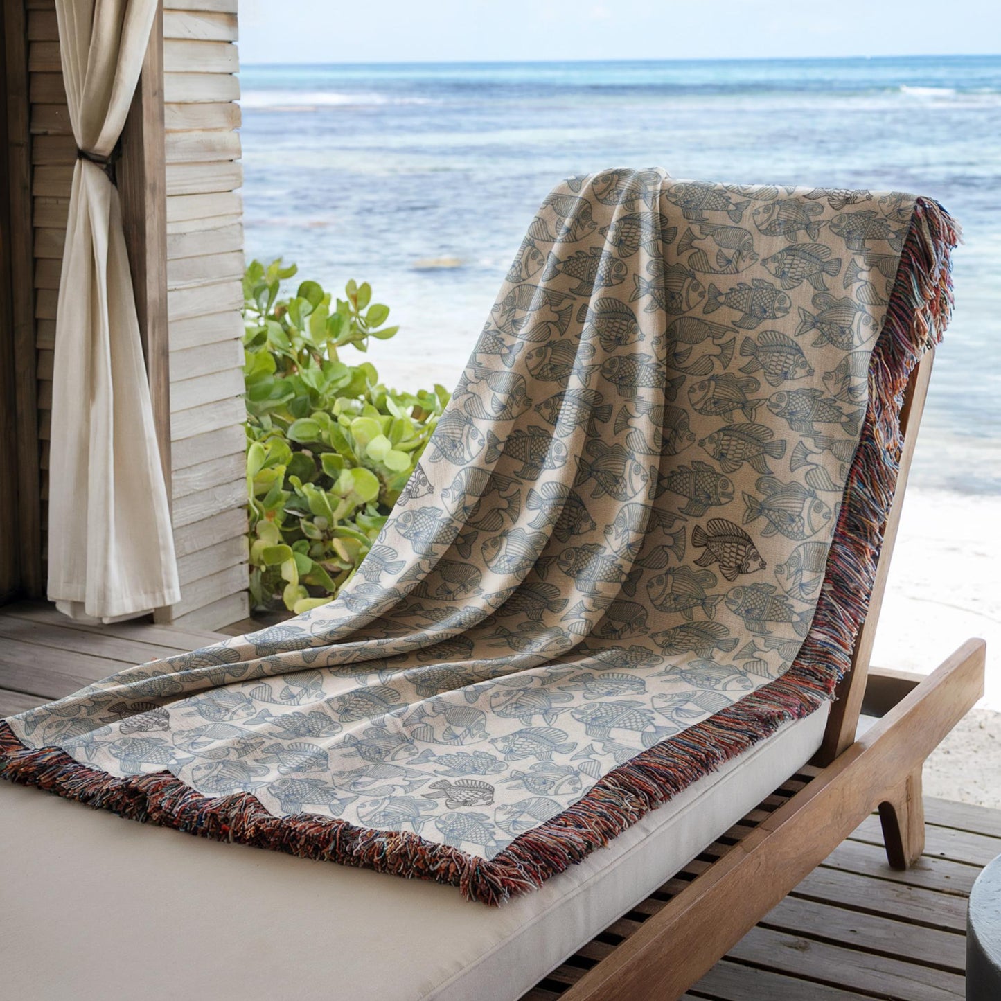 Patio Woven Blanket – Blue Fish Nautical Throw Cover | Coastal Home Decor