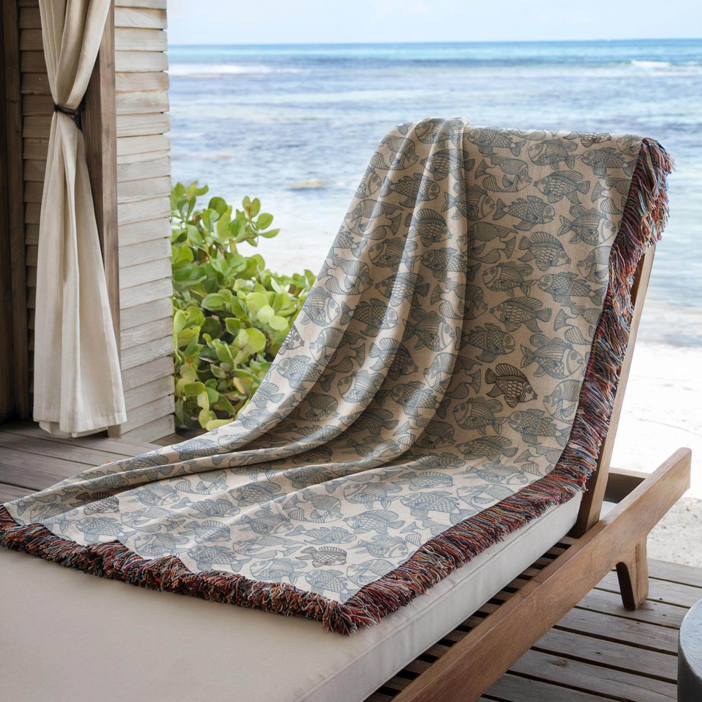 Patio Woven Blanket – Blue Fish Nautical Throw Cover | Coastal Home Decor - timelessbohochic.com