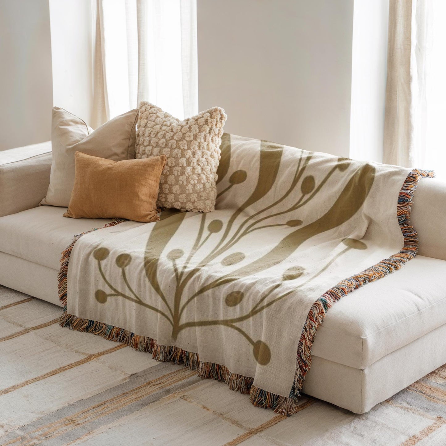 Mid Century Modern Blanket - Woven Cotton Throw With Botanical Pattern & Colorful Fringed Edges