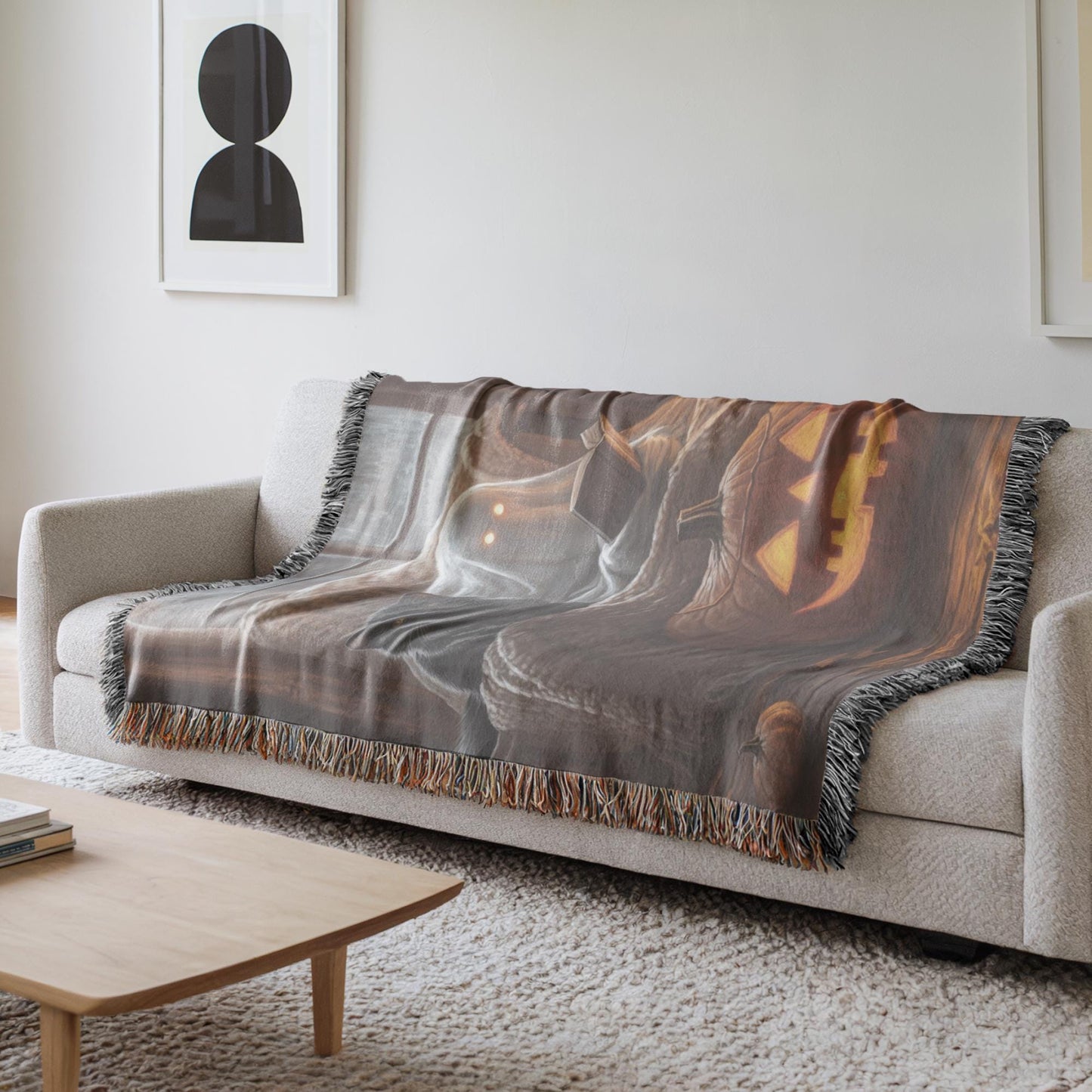 Halloween Living-Room Blanket – Cozy Fall Cotton Woven Throw with Black Cat Tapestry