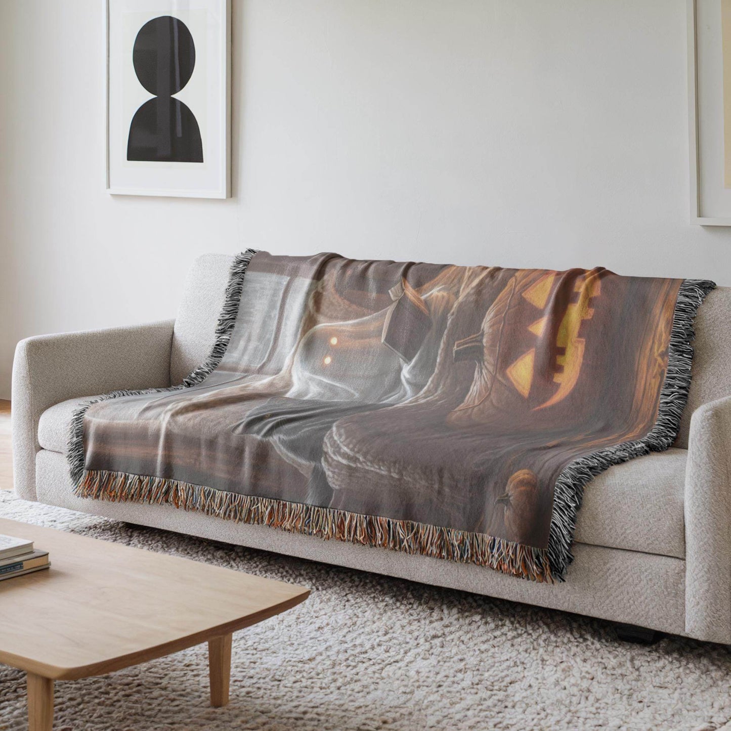 Halloween Living Room Blanket - Cozy Fall Cotton Woven Throw with Black Cat Tapestry - timelessbohochic.com