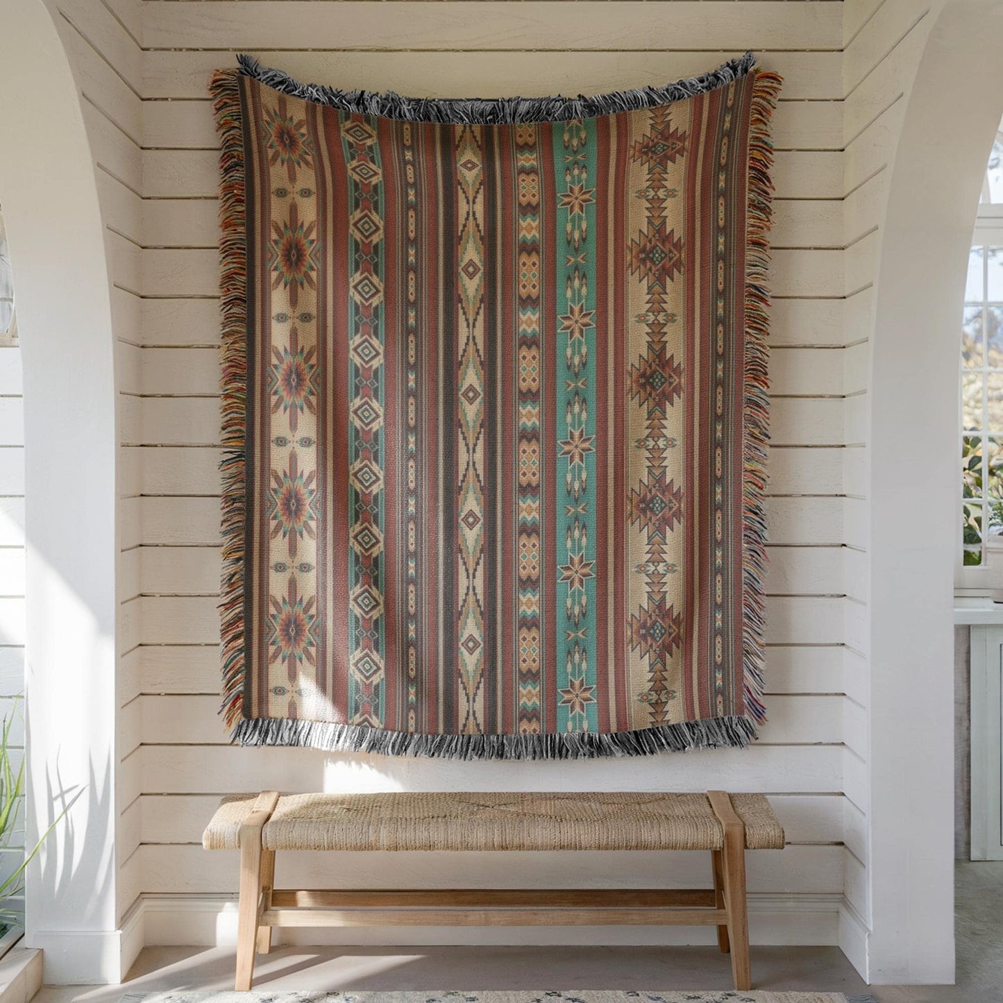 Navajo Pattern Tapestry - Southwestern Woven Wall Hanging with Colorful Fringes