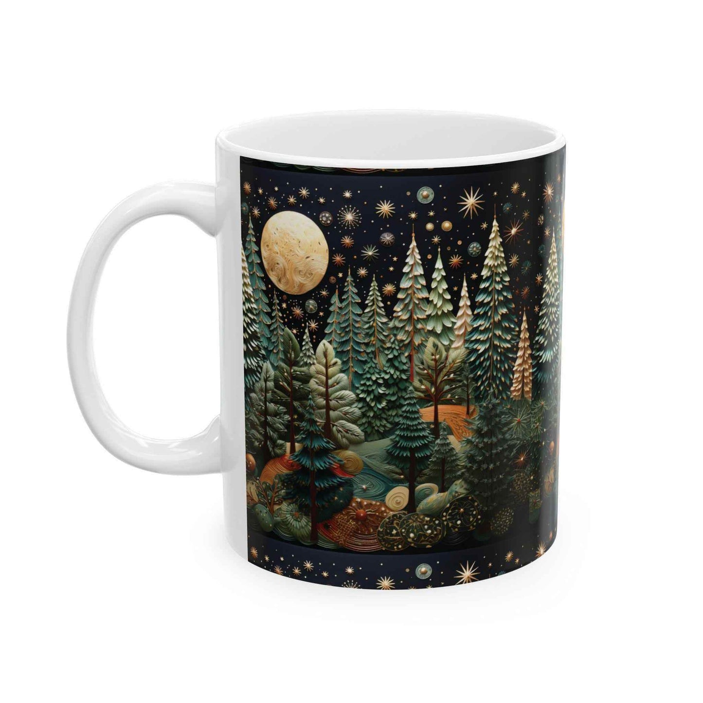Moon and Trees Coffee Mug - Winter Landscape Ceramic Cup | Cozy Hot Beverage - timelessbohochic.com