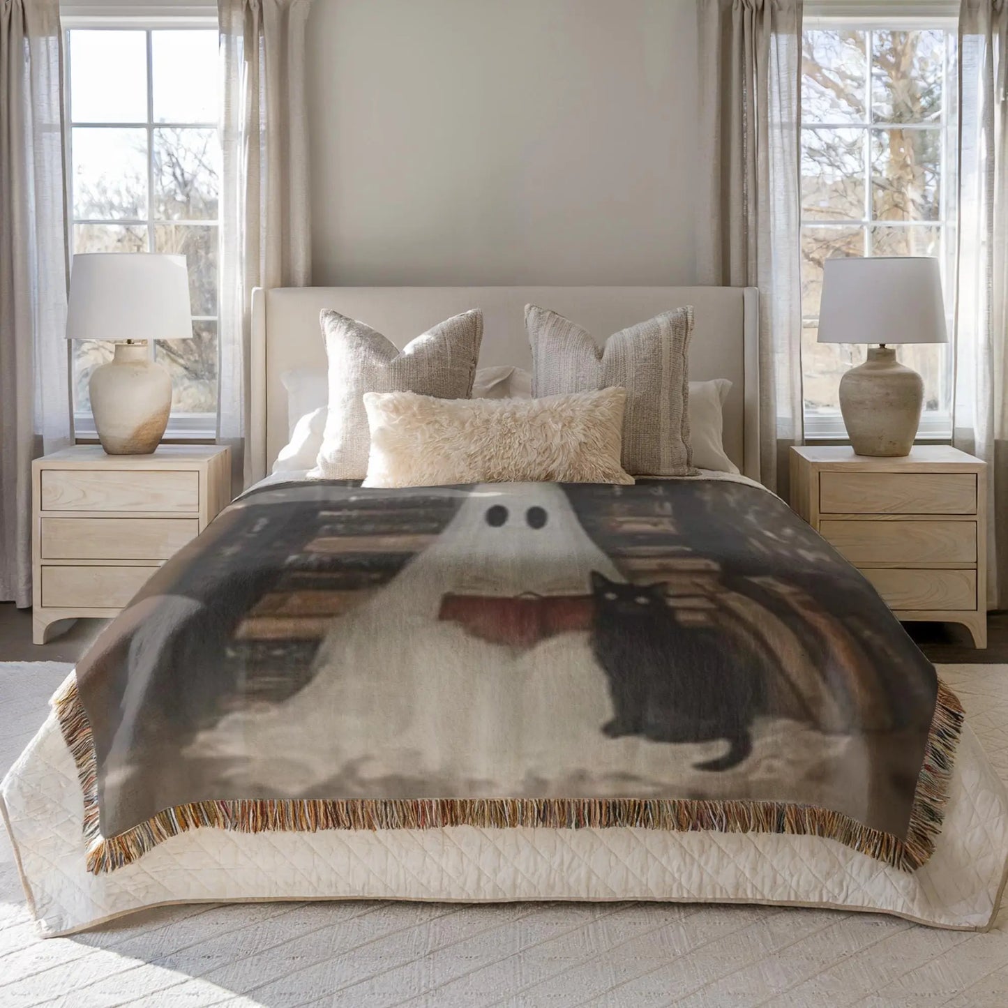 Ghost Book Cat Blanket – Soft Cotton Throw With Fringed Edges, Cozy Reading Nook Decor