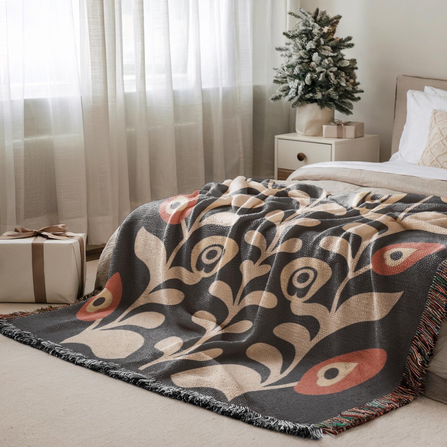 Boho Chic Blanket - Artistic Floral Cotton Woven Throw, Cozy Bedroom Accent & Housewarming Gift
