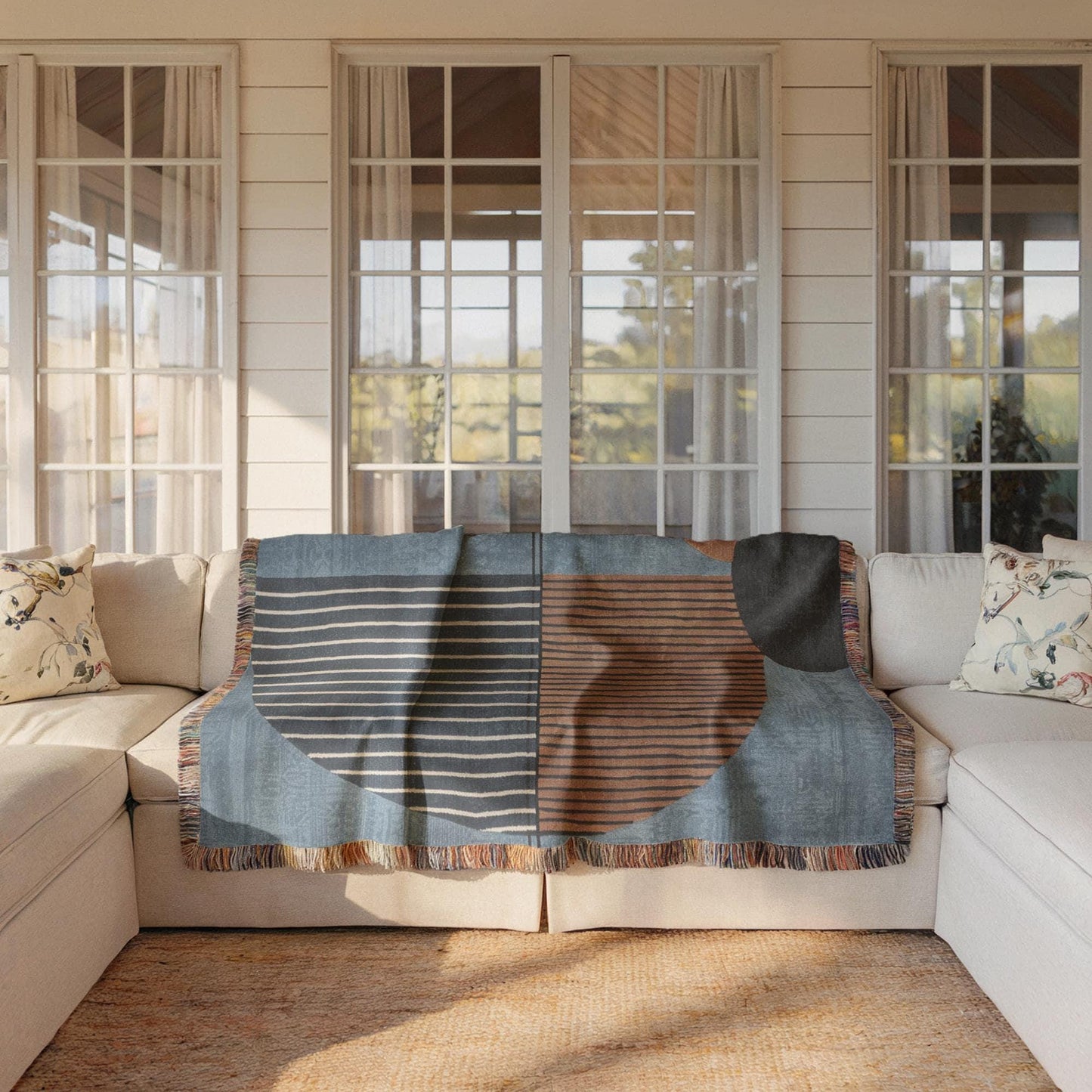 Modern Woven Blanket - Blue Rust Brown Cotton Throw With Colorful Fringed Edges